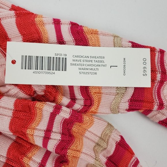 Chicos Womens Wave Tassel Cardigan Sweater Orange Pink Stripe Chicos 1=Medium - Picture 11 of 13